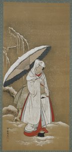 Winter: een jonge vrouw die in de sneeuw loopt, Edo-periode, ca. 1772-80